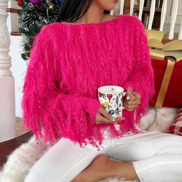 Statement maker! Barbie Fuzzy Fringe Crop knit Sweater top Pink - Picture 3 of 7